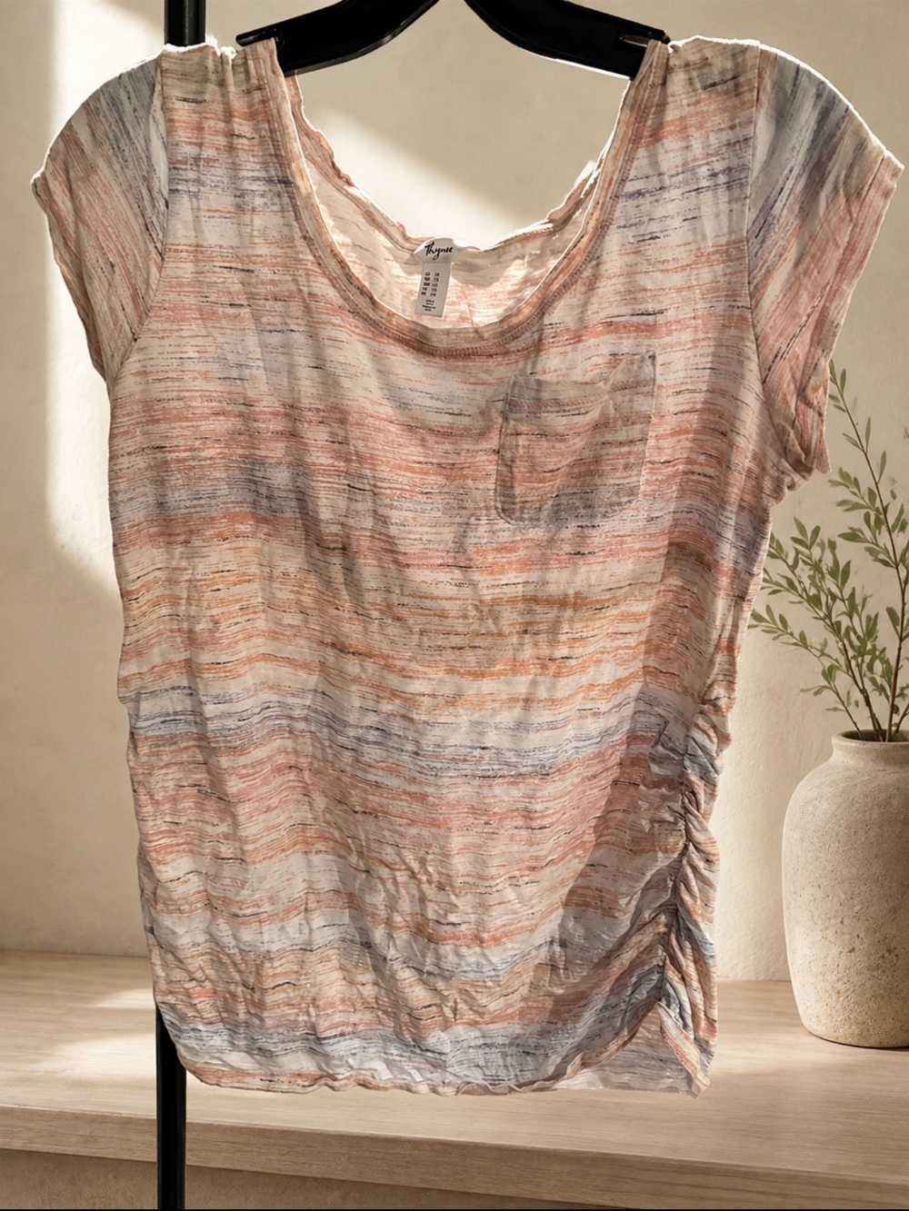 Light Pink Striped Women’s Short Sleeve Top - Unknown Brand - Picture 2 of 3